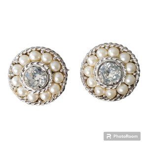 SAC Vintage Silver, Rhinestone and Pearl Clip Earrings